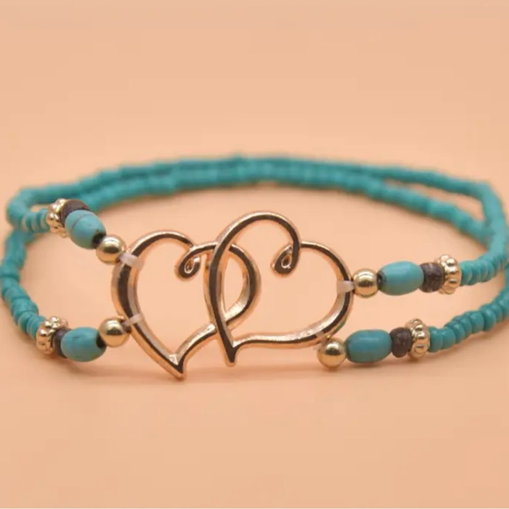 Silver Plated Double-Layer Heart Boho Chic Western Beaded Anklet